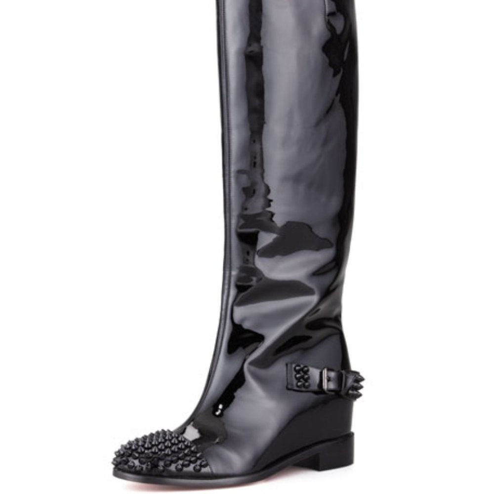 Christian Louboutin Egoutina Spiked Patent Red-Sole Boot, Black 37.5